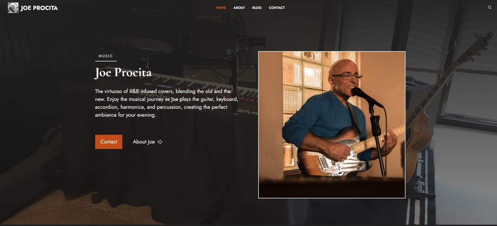 Joe Procita website home page: Joe playing guitar and singing, with a short introduction and Contact and About Joe buttons