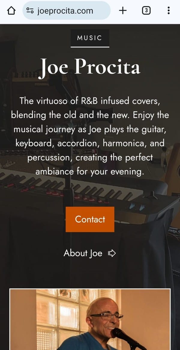 Joe Procita website on a phone, with the introduction and Contact button