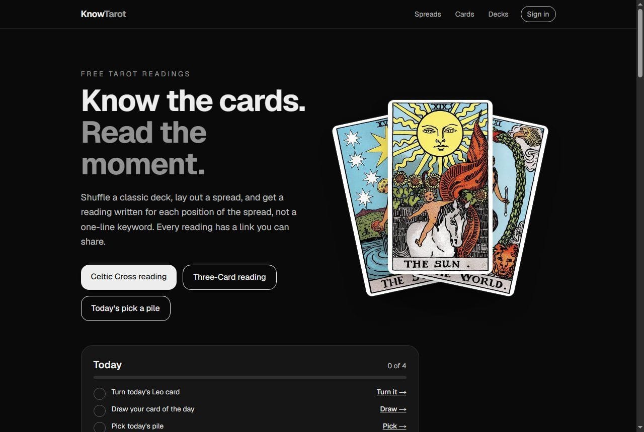 KnowTarot home page with the headline Know the cards, read the moment, and three tarot cards