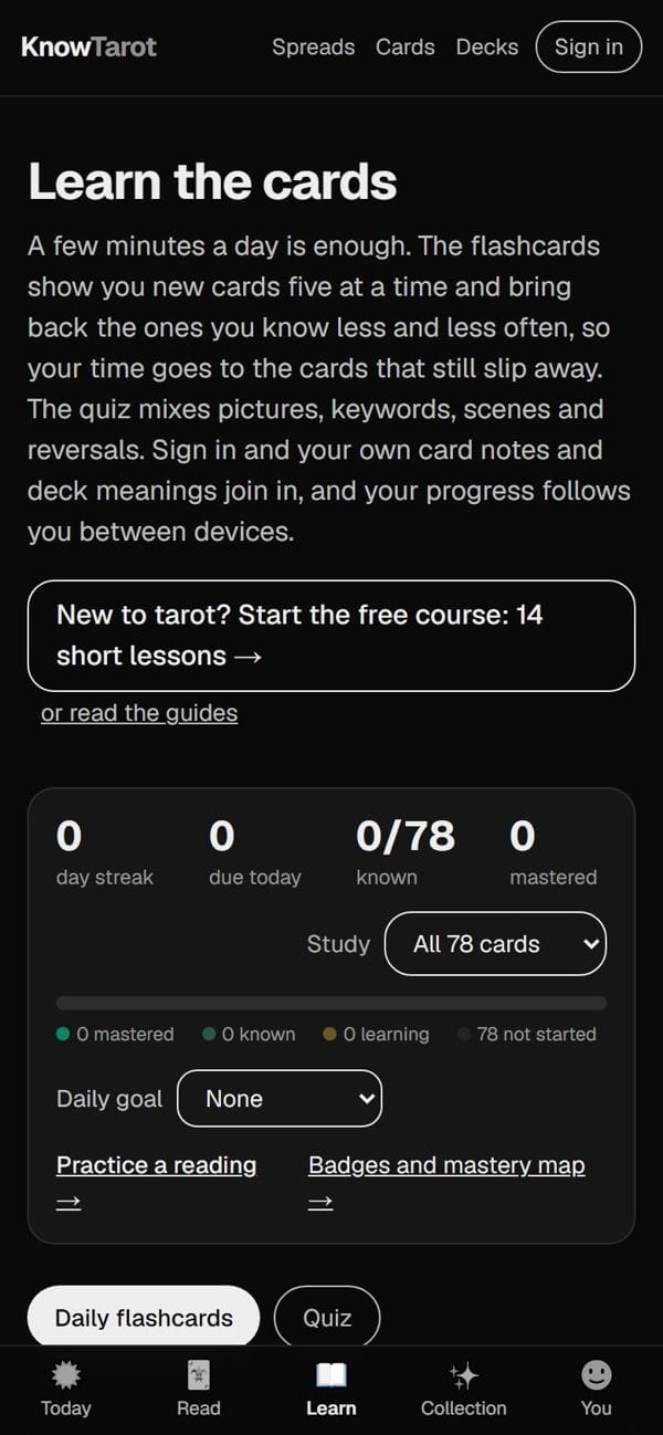 KnowTarot learning screen with flashcards, quiz and streak count