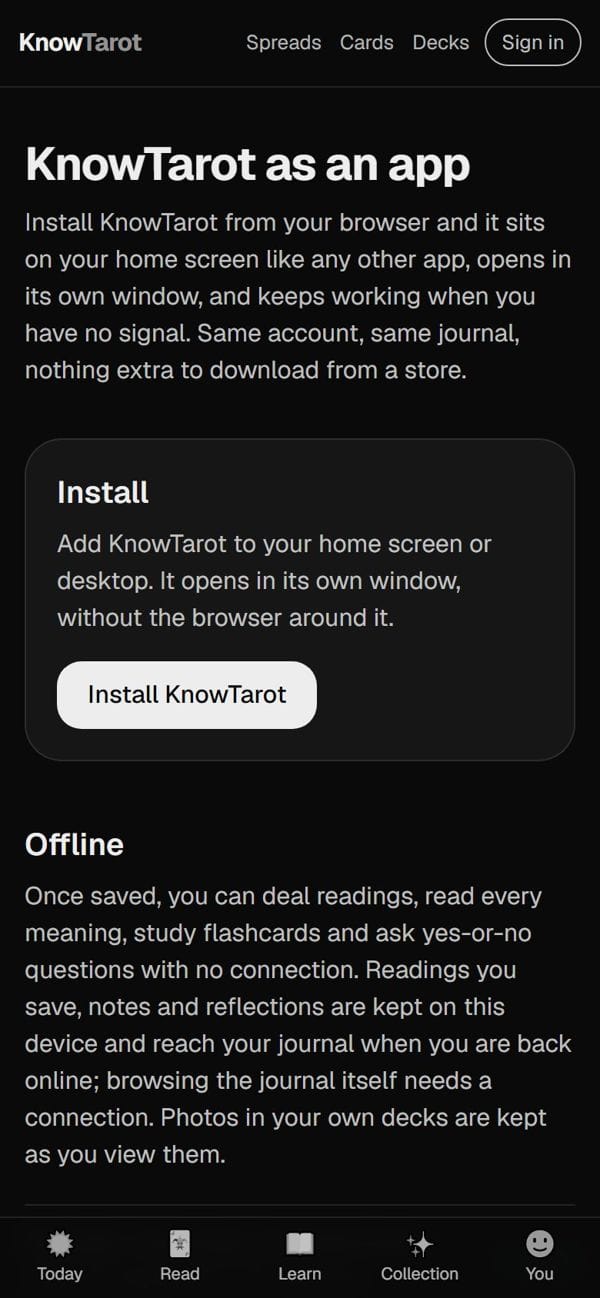 KnowTarot installed as an app on a phone