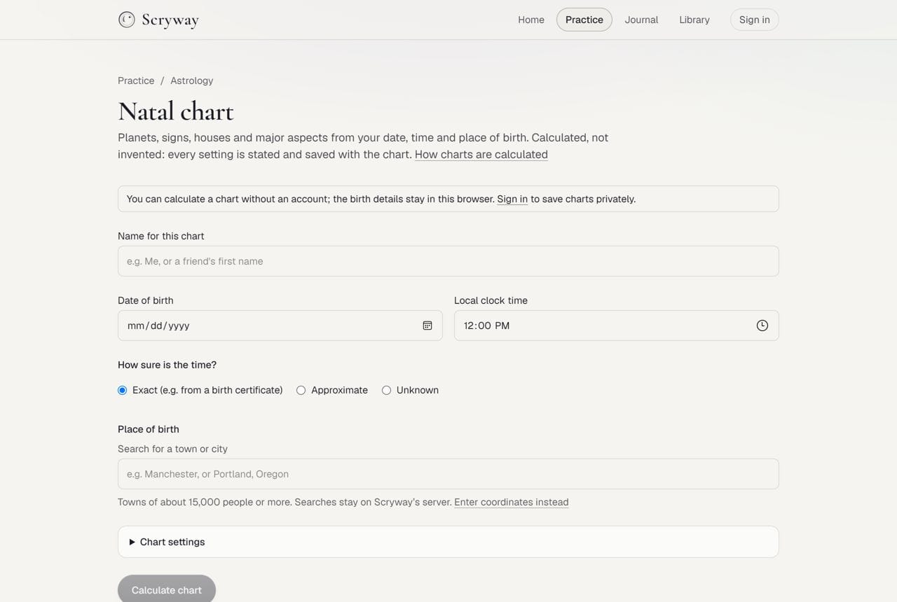 Natal chart form with birth date, time, place and chart settings