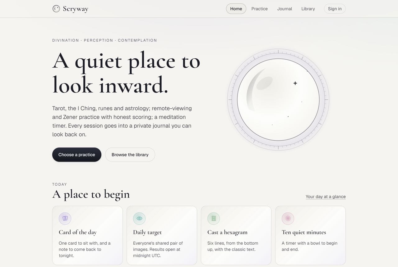 Scryway home page with the headline A quiet place to look inward