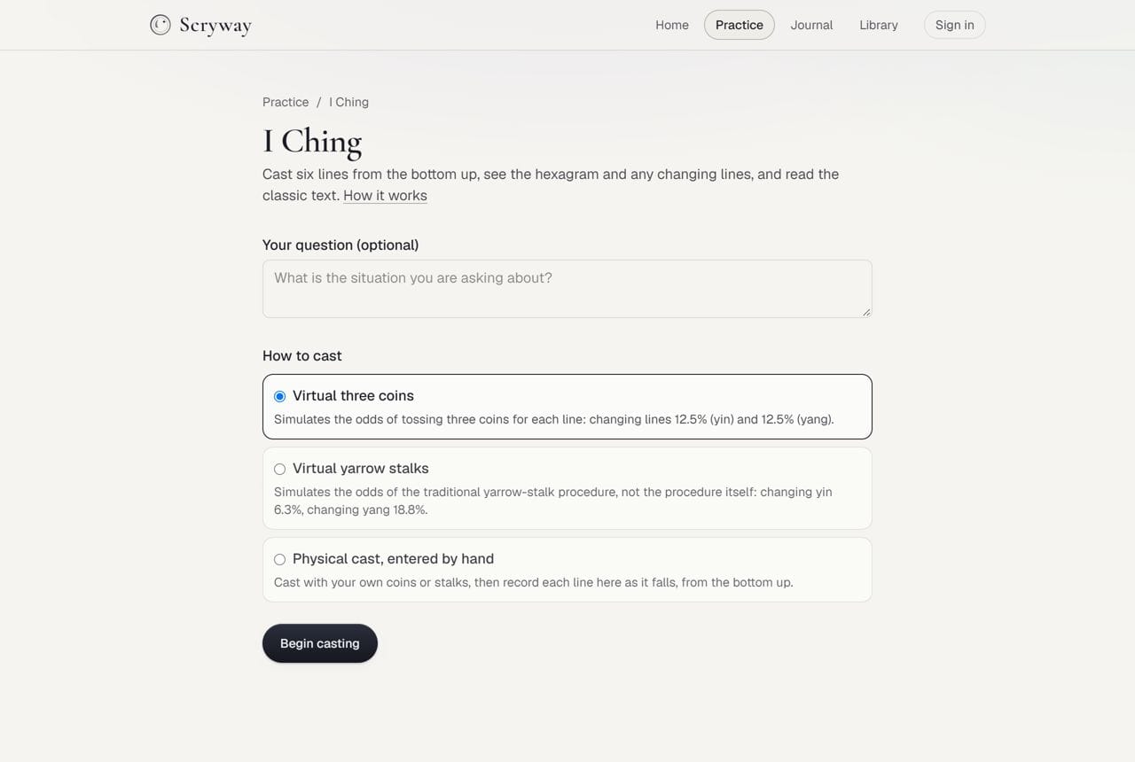 Scryway I Ching casting page with three casting methods and their probabilities