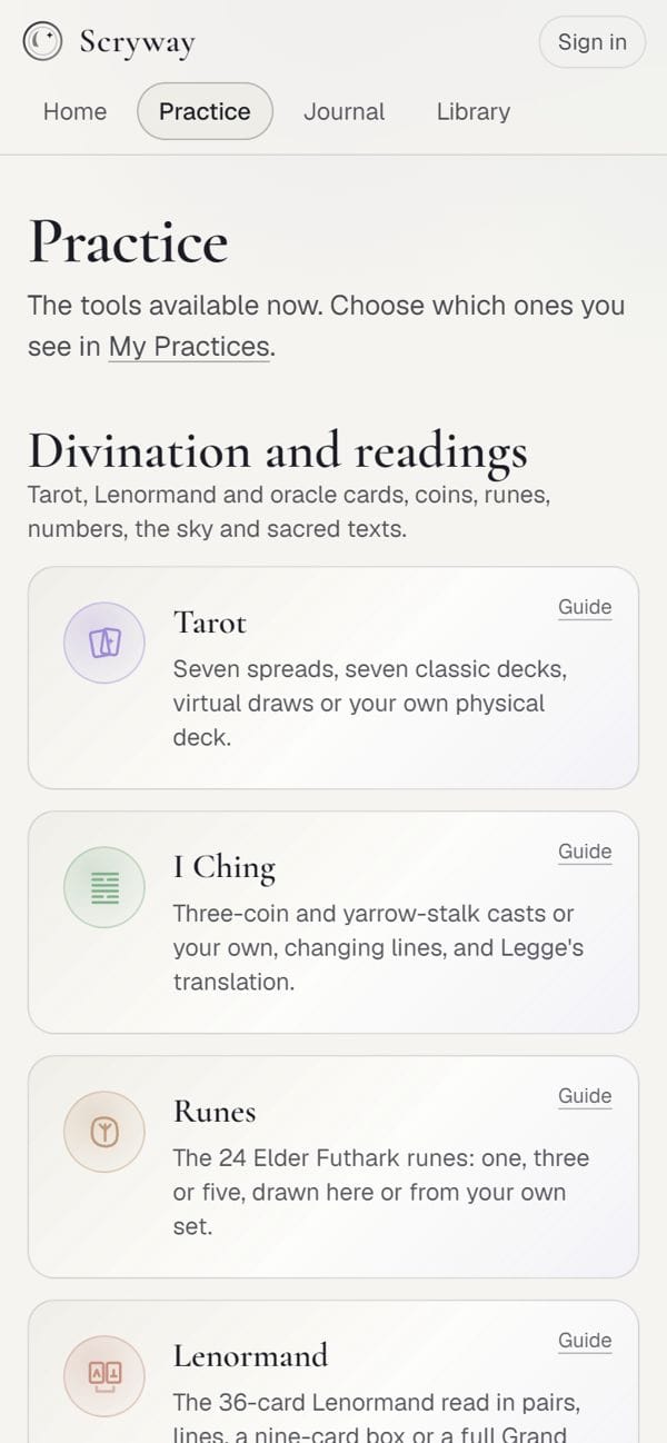 List of practices on a phone: tarot, I Ching, runes, Lenormand