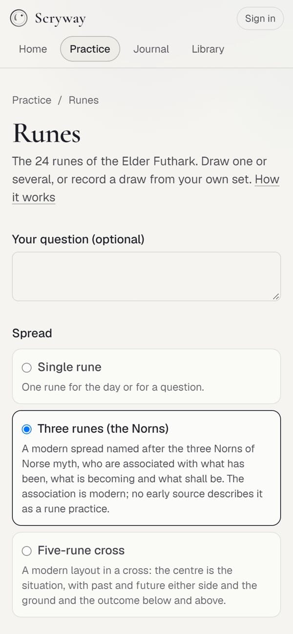 Runes practice on a phone with a choice of spreads