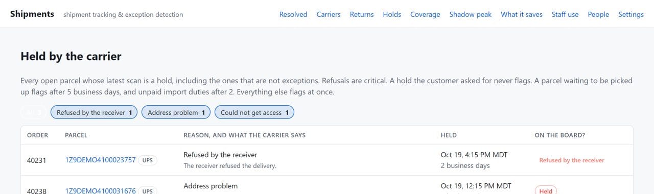 List of parcels held by the carrier, with the carrier reason and how long each has been held