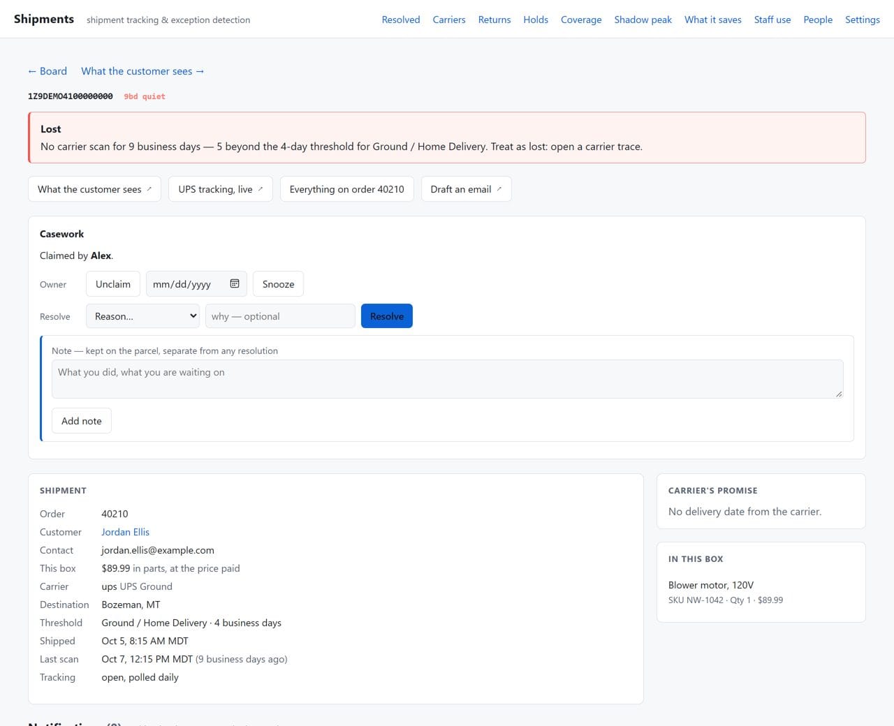 Parcel page for a lost parcel showing why it is flagged, casework controls, links to the order and carrier, and an email draft