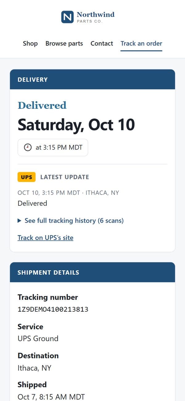 Customer tracking page on a phone showing a delivered parcel