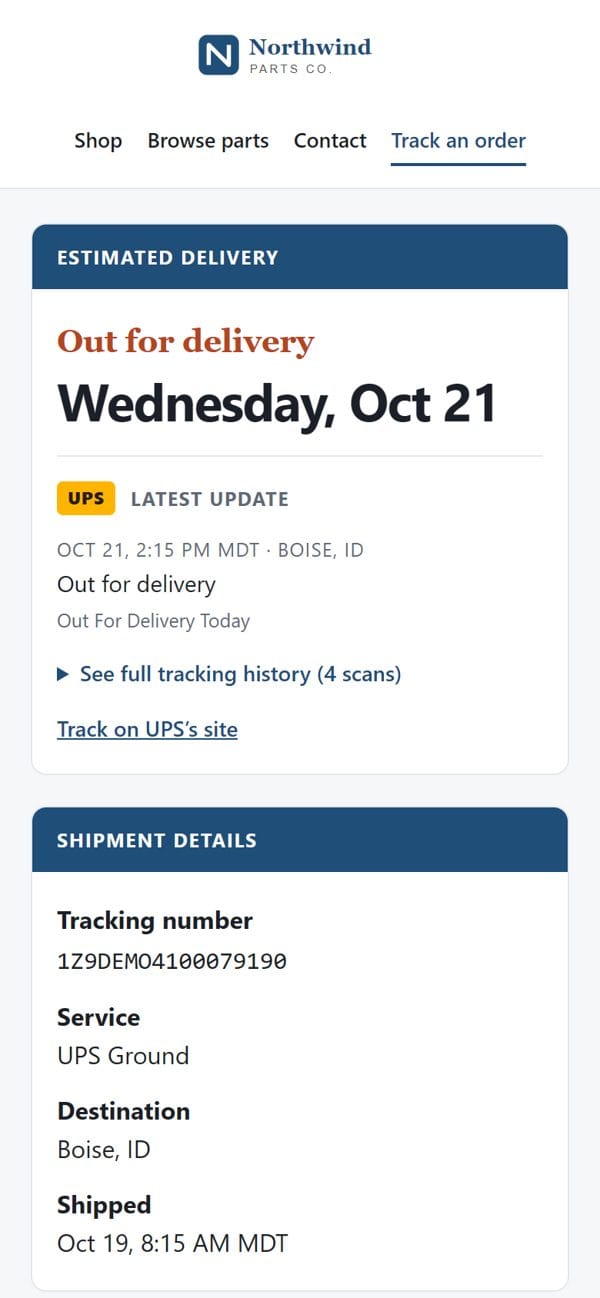 Customer tracking page on a phone showing a parcel out for delivery