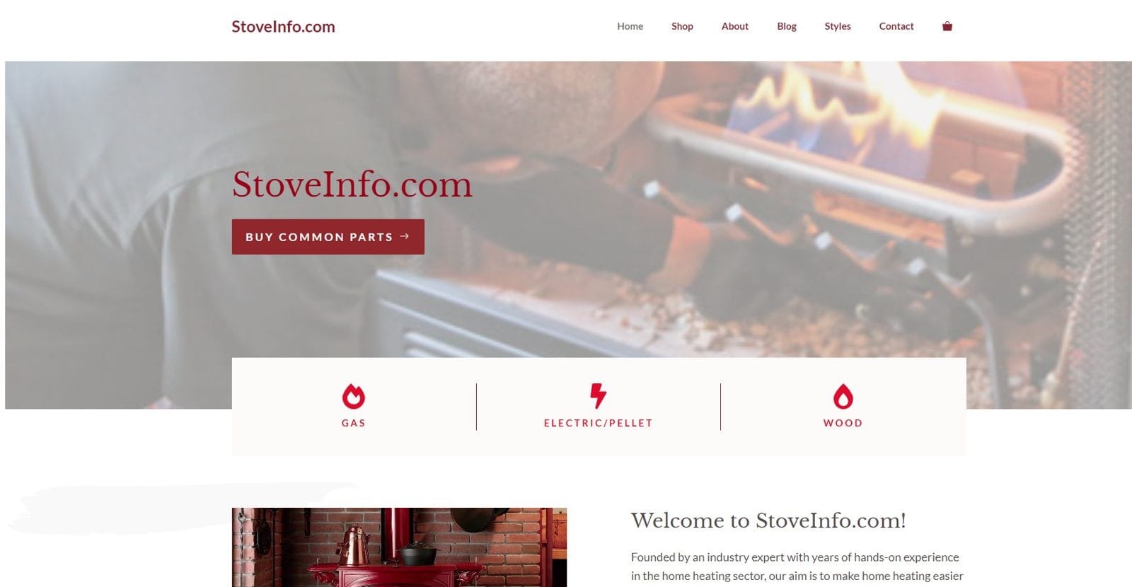 StoveInfo.com home page with a Buy common parts button and links for gas, electric and pellet, and wood stoves