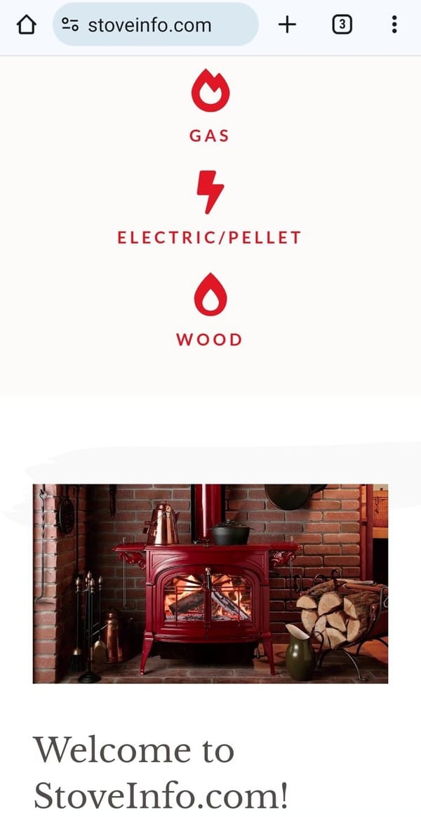 StoveInfo.com on a phone, showing the gas, electric and pellet, and wood categories